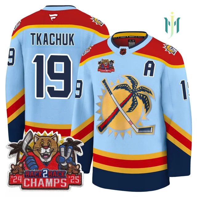 Men's Florida Panthers 2025 Stanley Cup B2B Champions Jersey BLUE#19 MATTHEW TKACHUK