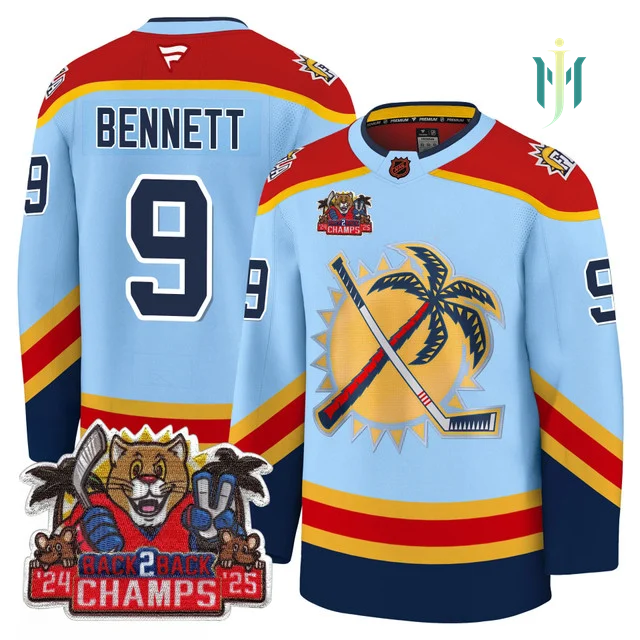 Men's Florida Panthers 2025 Stanley Cup B2B Champions Jersey BLUE#9 SAM BENNETT