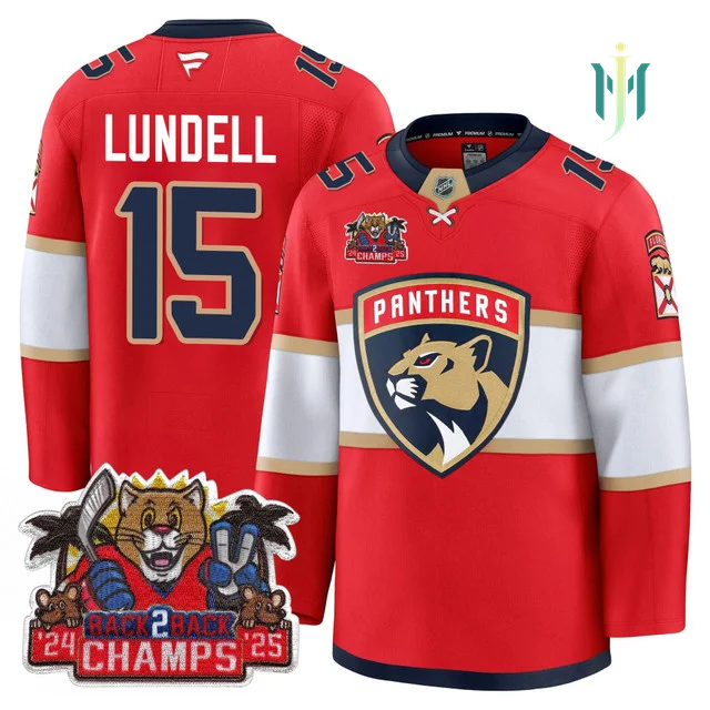 Men's Florida Panthers 2025 Stanley Cup B2B Champions Jersey RED#15 ANTON LUNDELL