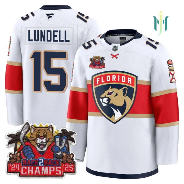 Men's Florida Panthers 2025 Stanley Cup B2B Champions Jersey WHITE#15 ANTON LUNDELL