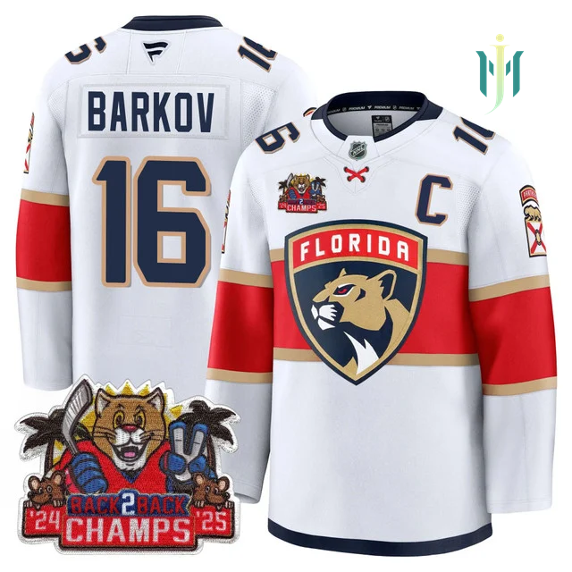 Men's Florida Panthers 2025 Stanley Cup B2B Champions Jersey WHITE#16 ALEKSANDER BARKOV