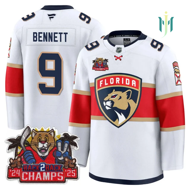 Men's Florida Panthers 2025 Stanley Cup B2B Champions Jersey WHITE#9 SAM BENNETT