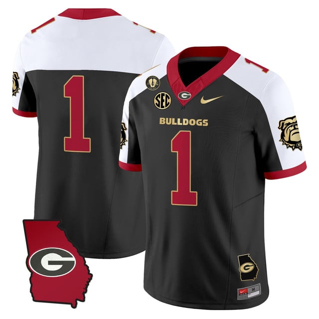 Men's Georgia Bulldogs 2025 Georgia Map & Vince Dooley Patch Vapor Limited Jersey #1