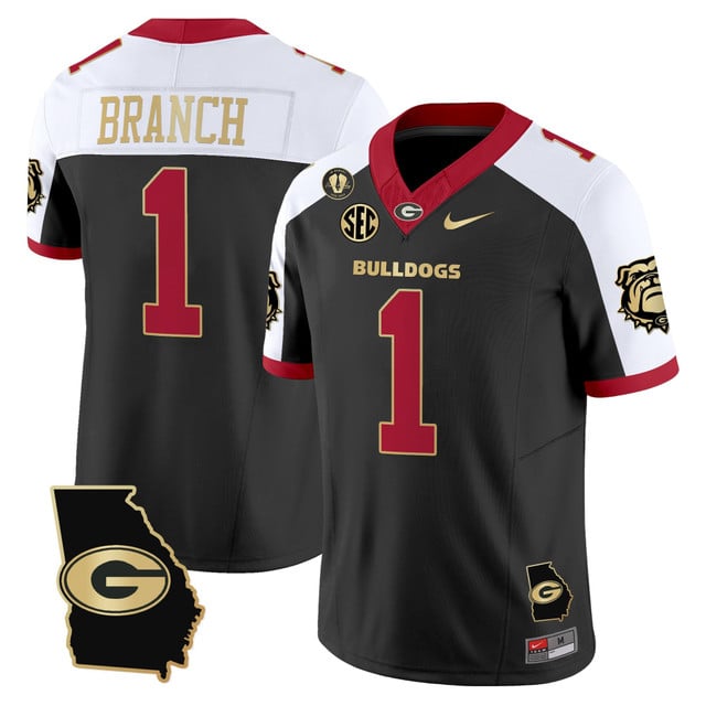 Men's Georgia Bulldogs 2025 Georgia Map & Vince Dooley Patch Vapor Limited Jersey #1 ZACHARIAH BRANCH