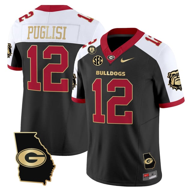 Men's Georgia Bulldogs 2025 Georgia Map & Vince Dooley Patch Vapor Limited Jersey #12 RYAN PUGLISI