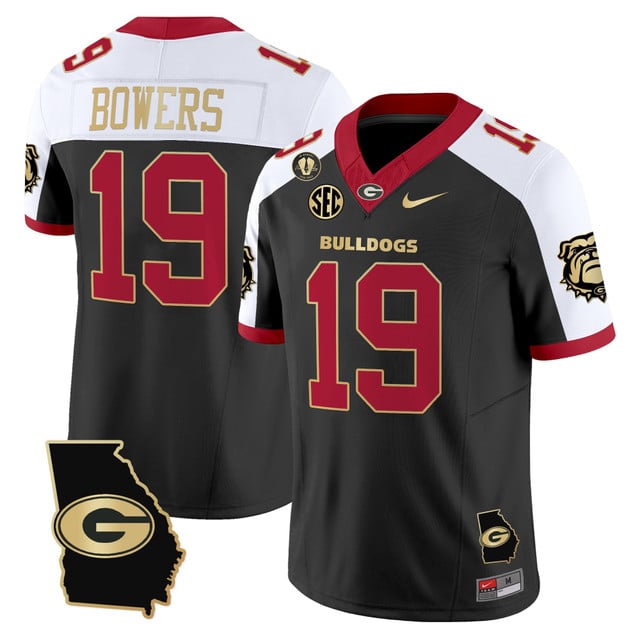 Men's Georgia Bulldogs 2025 Georgia Map & Vince Dooley Patch Vapor Limited Jersey #19 BROCK BOWERS