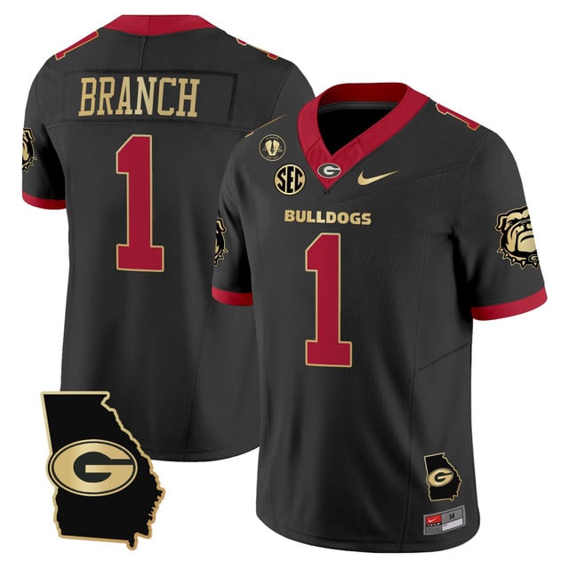 Men's Georgia Bulldogs 2025 Georgia Map & Vince Dooley Patch Vapor Limited Jersey  BLACK GOLD#1 ZACHARIAH BRANCH