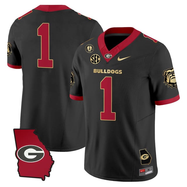 Men's Georgia Bulldogs 2025 Georgia Map & Vince Dooley Patch Vapor Limited Jersey BLACK GOLD #1