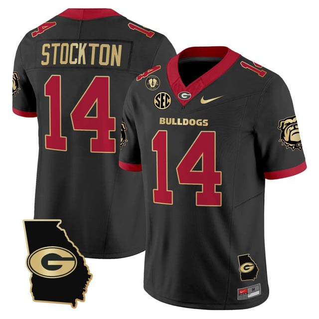 Men's Georgia Bulldogs 2025 Georgia Map & Vince Dooley Patch Vapor Limited Jersey BLACK GOLD #14 GUNNER STOCKTON