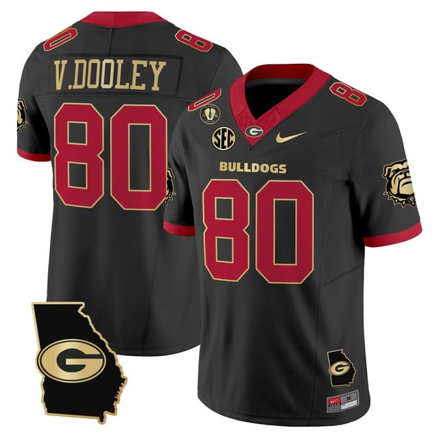 Men's Georgia Bulldogs 2025 Georgia Map & Vince Dooley Patch Vapor Limited Jersey BLACK GOLD #80 VINCE DOOLEY