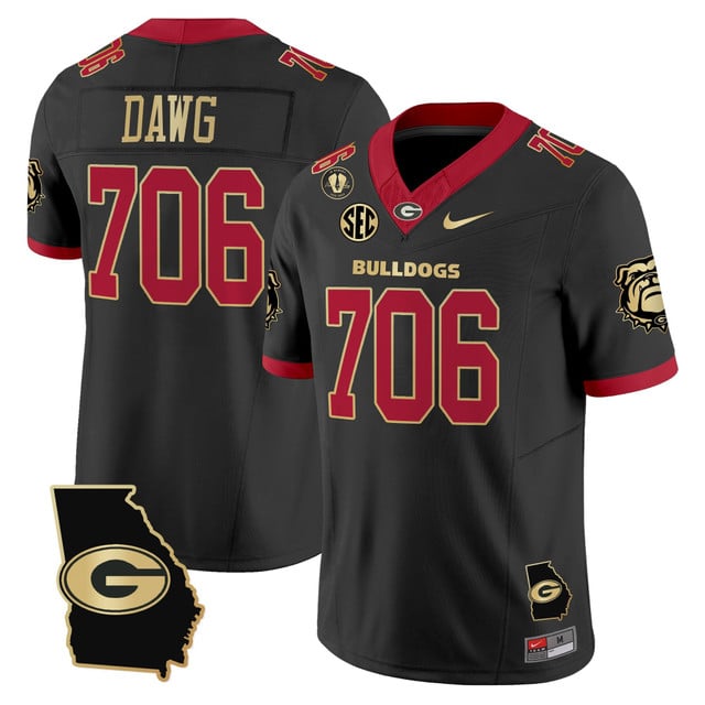 Men's Georgia Bulldogs 2025 Georgia Map & Vince Dooley Patch Vapor Limited Jersey BLACK GOLD#706 DAWG