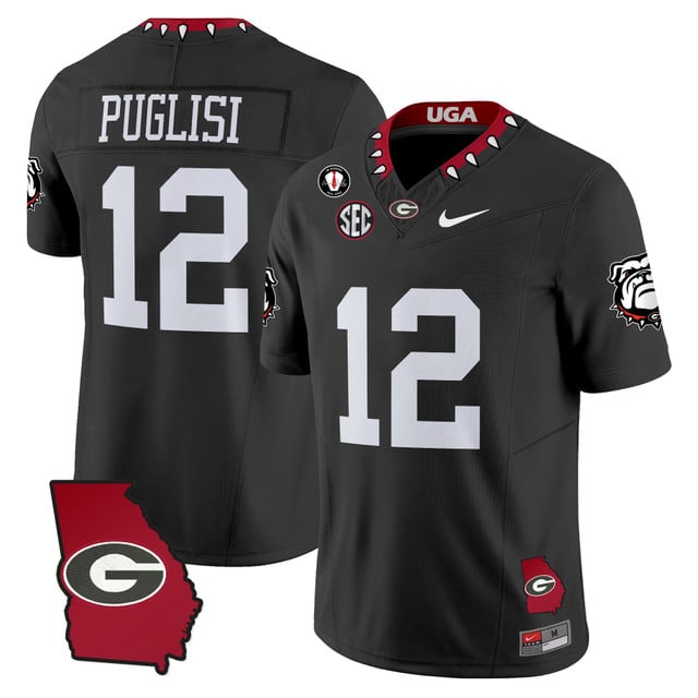 Men's Georgia Bulldogs 2025 Georgia Map & Vince Dooley Patch Vapor Limited Jersey black #12 RYAN PUGLISI