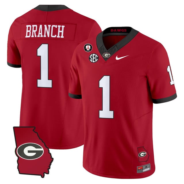 Men's Georgia Bulldogs 2025 Georgia Map & Vince Dooley Patch Vapor Limited Jersey red #1 ZACHARIAH BRANCH