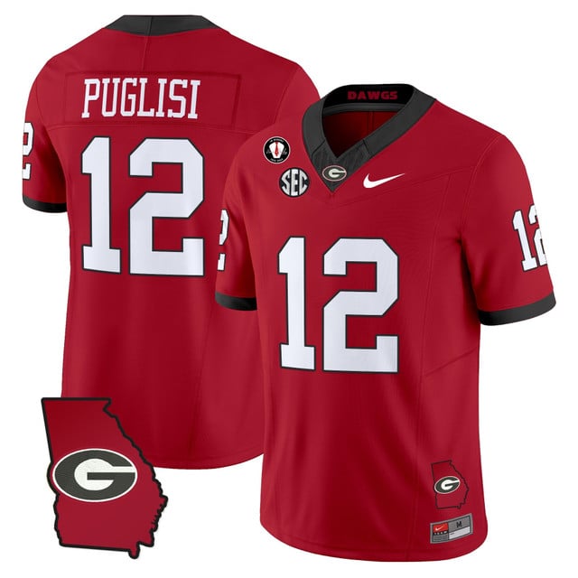 Men's Georgia Bulldogs 2025 Georgia Map & Vince Dooley Patch Vapor Limited Jersey red #12 RYAN PUGLISI
