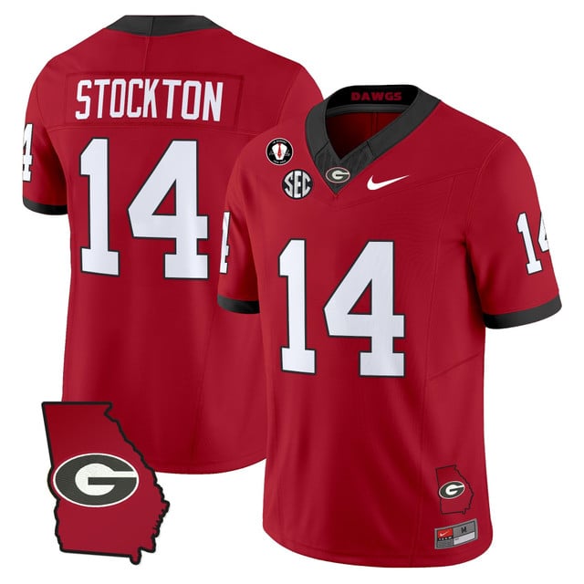Men's Georgia Bulldogs 2025 Georgia Map & Vince Dooley Patch Vapor Limited Jersey red #14 GUNNER STOCKTON