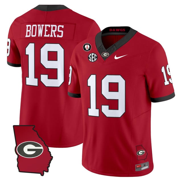 Men's Georgia Bulldogs 2025 Georgia Map & Vince Dooley Patch Vapor Limited Jersey red #19 BROCK BOWERS