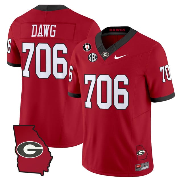 Men's Georgia Bulldogs 2025 Georgia Map & Vince Dooley Patch Vapor Limited Jersey red #706 DAWG
