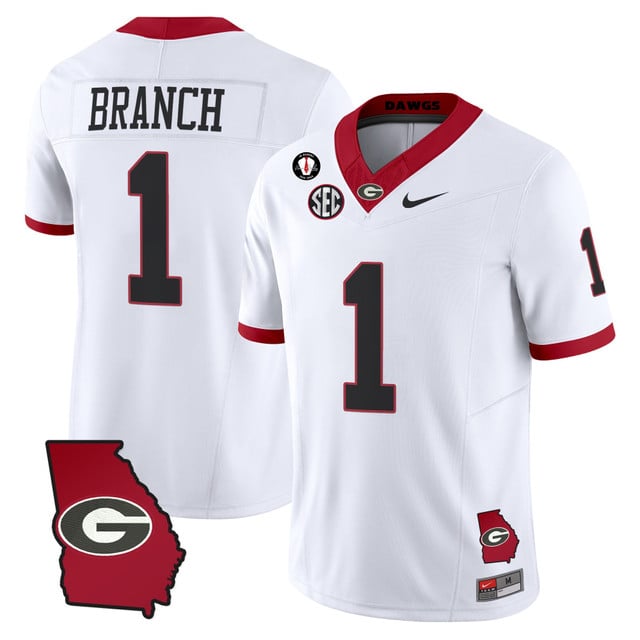 Men's Georgia Bulldogs 2025 Georgia Map & Vince Dooley Patch Vapor Limited Jersey white #1 ZACHARIAH BRANCH