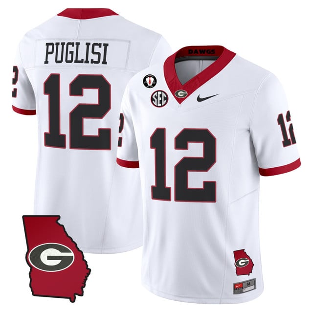Men's Georgia Bulldogs 2025 Georgia Map & Vince Dooley Patch Vapor Limited Jersey white #12 RYAN PUGLISI