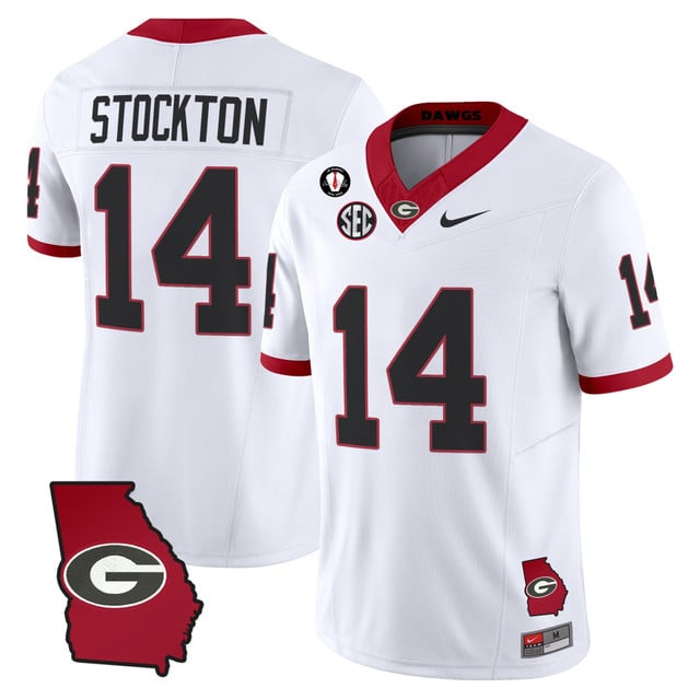 Men's Georgia Bulldogs 2025 Georgia Map & Vince Dooley Patch Vapor Limited Jersey white #14 GUNNER STOCKTON