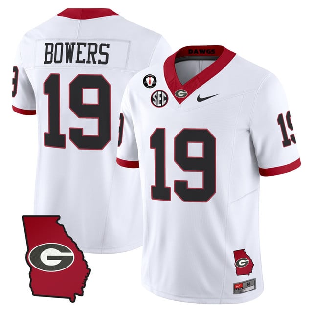 Men's Georgia Bulldogs 2025 Georgia Map & Vince Dooley Patch Vapor Limited Jersey white #19 BROCK BOWERS