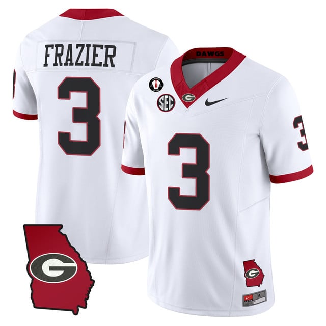 Men's Georgia Bulldogs 2025 Georgia Map & Vince Dooley Patch Vapor Limited Jersey white #3 NATE FRAZIER