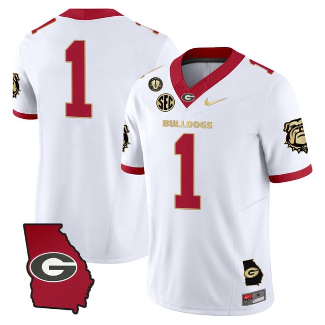 Men's Georgia Bulldogs 2025 Georgia Map & Vince Dooley Patch Vapor Limited Jersey white gold #1