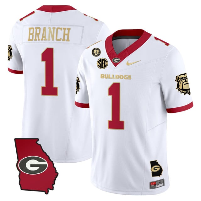 Men's Georgia Bulldogs 2025 Georgia Map & Vince Dooley Patch Vapor Limited Jersey white gold #1 ZACHARIAH BRANCH