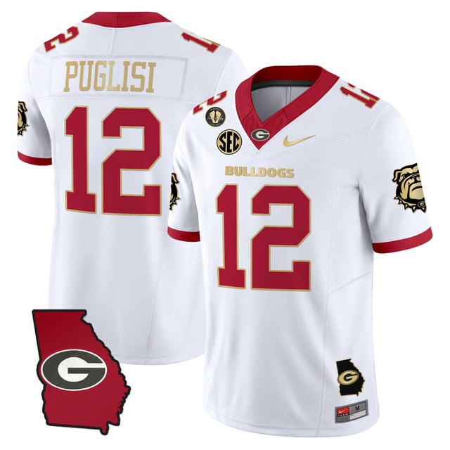 Men's Georgia Bulldogs 2025 Georgia Map & Vince Dooley Patch Vapor Limited Jersey white gold #12 RYAN PUGLISI