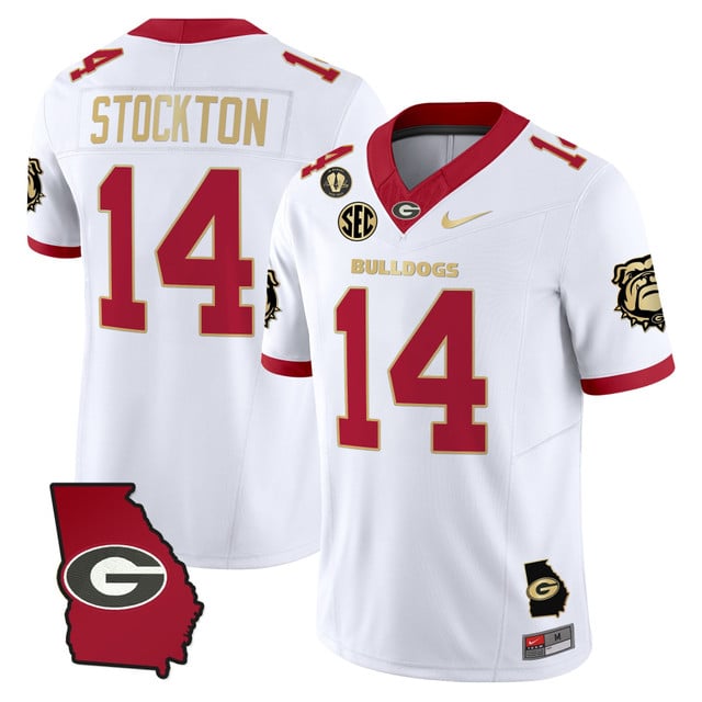 Men's Georgia Bulldogs 2025 Georgia Map & Vince Dooley Patch Vapor Limited Jersey white gold #14 GUNNER STOCKTON