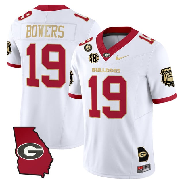 Men's Georgia Bulldogs 2025 Georgia Map & Vince Dooley Patch Vapor Limited Jersey white gold #19 BROCK BOWERS