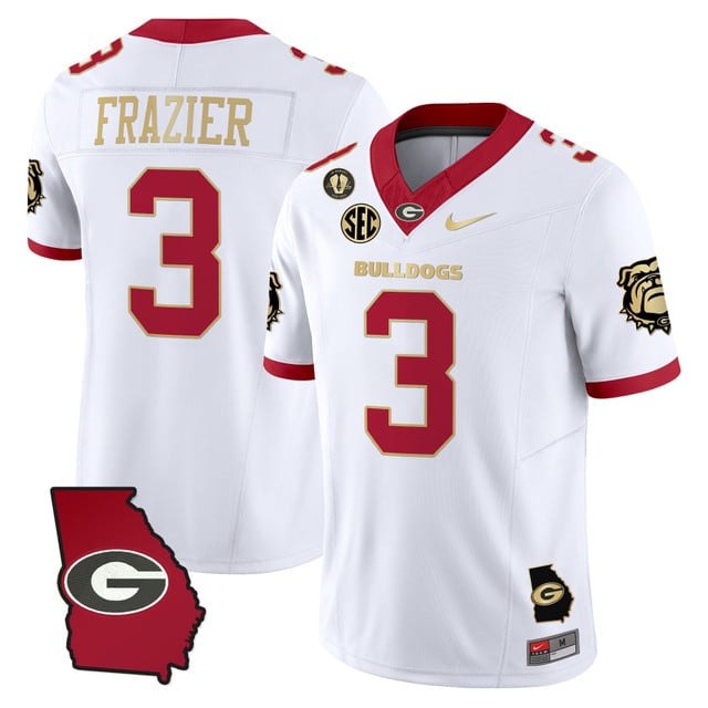 Men's Georgia Bulldogs 2025 Georgia Map & Vince Dooley Patch Vapor Limited Jersey white gold #3 NATE FRAZIER