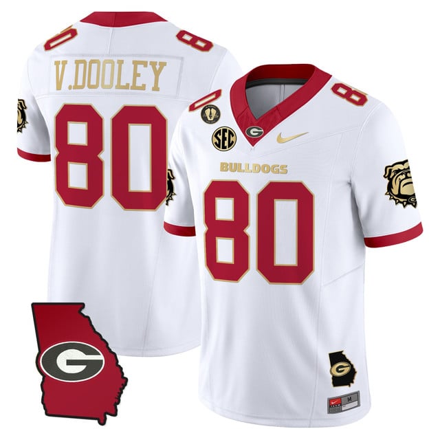 Men's Georgia Bulldogs 2025 Georgia Map & Vince Dooley Patch Vapor Limited Jersey white gold #80 VINCE DOOLEY