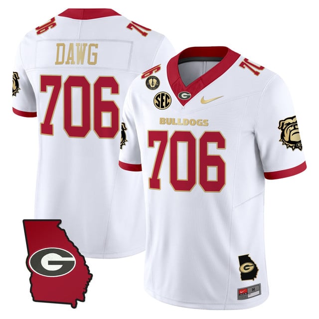 Men's Georgia Bulldogs 2025 Georgia Map & Vince Dooley Patch Vapor Limited Jersey white gold#706 DAWG