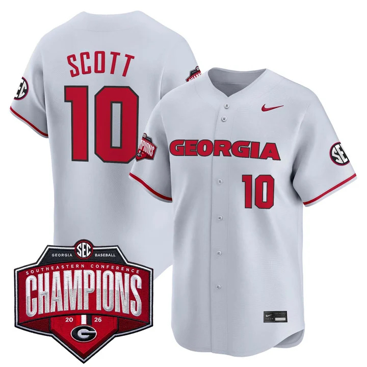 Men's Georgia Bulldogs Baseball Southeastern Confernce Champions 2026 Vapor Premier Limited Jersey gray 10 Matt Scott