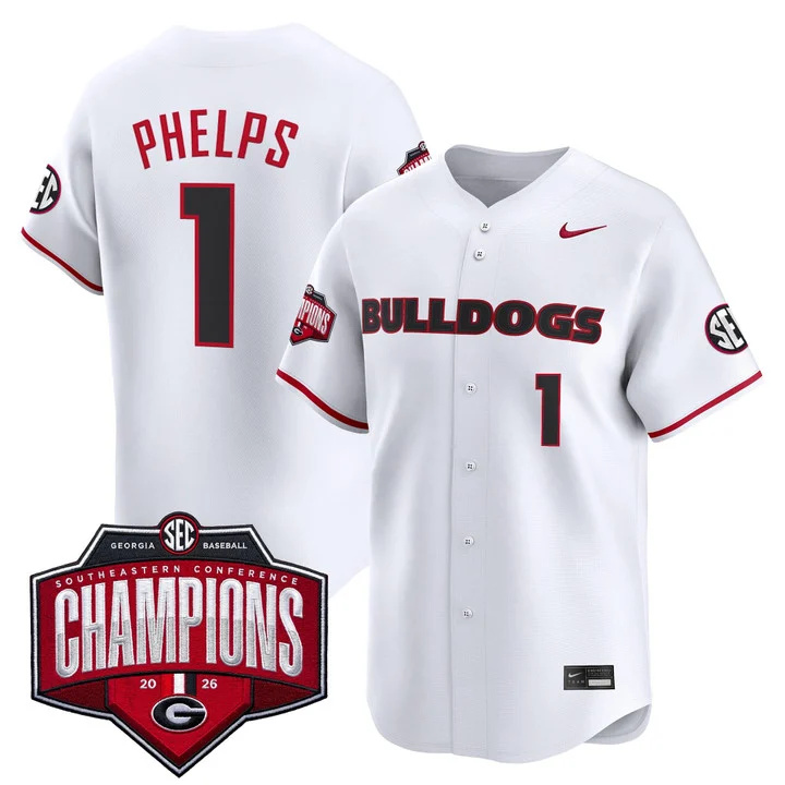 Men's Georgia Bulldogs Baseball Southeastern Confernce Champions 2026 Vapor Premier Limited Jersey white 1 Tre Phelps