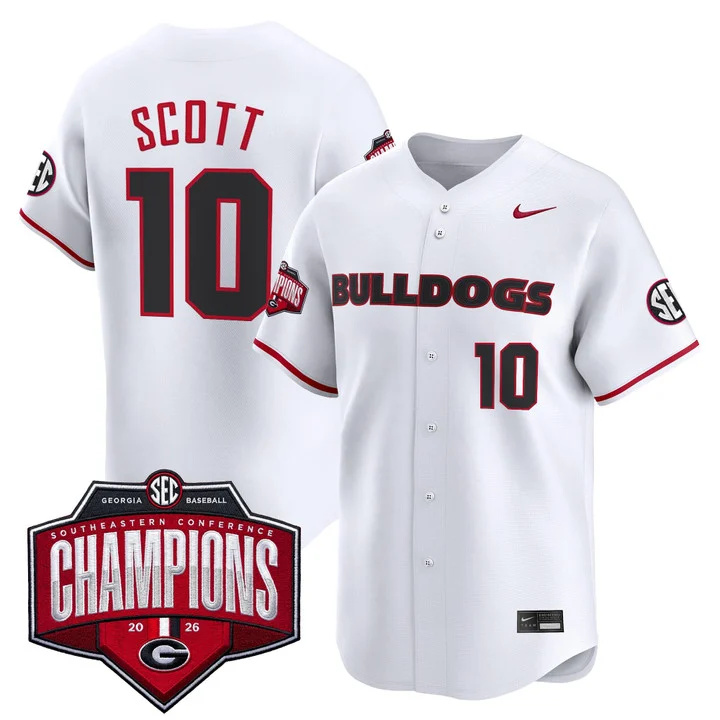 Men's Georgia Bulldogs Baseball Southeastern Confernce Champions 2026 Vapor Premier Limited Jersey white 10 Matt Scott