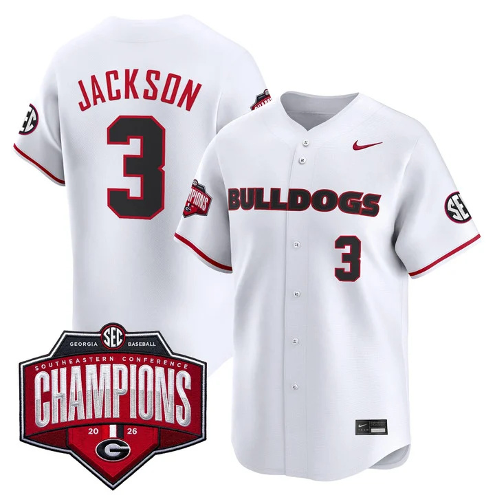 Men's Georgia Bulldogs Baseball Southeastern Confernce Champions 2026 Vapor Premier Limited Jersey white 3 Daniel Jackson