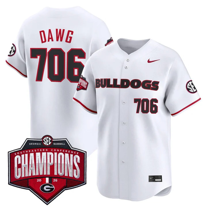 Men's Georgia Bulldogs Baseball Southeastern Confernce Champions 2026 Vapor Premier Limited Jersey white 706 Dawg