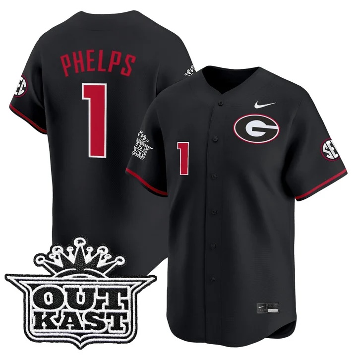 Men's Georgia Bulldogs Baseball x Outkast Vapor Premier Limited Jersey BLACK#1 TRE PHELPS