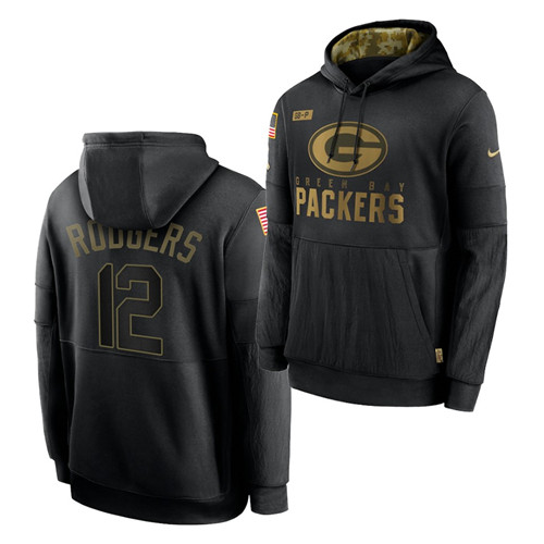 Men's Green Bay Packers #12 Aaron Rodgers 2020 Salute To Service Black Sideline Performance Pullover Hoodie