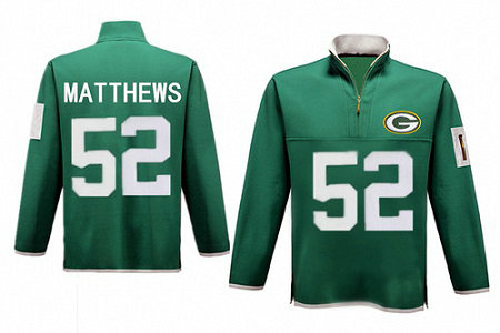 Men's Green Bay Packers 52 Matthews Antigua Green Fortune Sweater Knit Microfleece Quarter-Zip Pullover Green Jacket