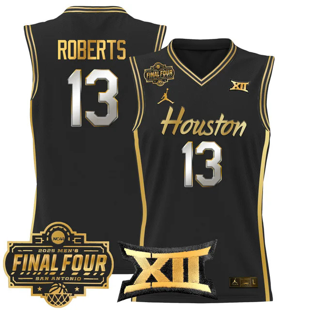 Men's Houston Cougars 2025 Final Four Patch Basketball Jersey BLACKGOLD #13 J'WAN ROBERTS.webp