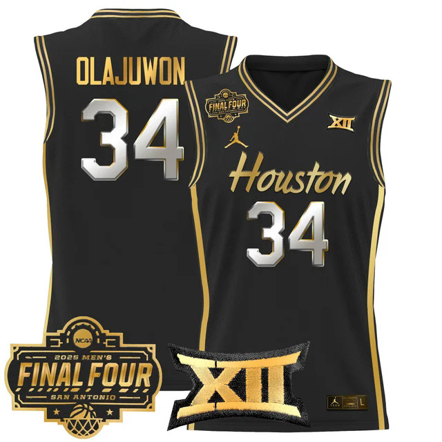 Men's Houston Cougars 2025 Final Four Patch Basketball Jersey BLACKGOLD #34 HAKEEM OLAJUWON.webp