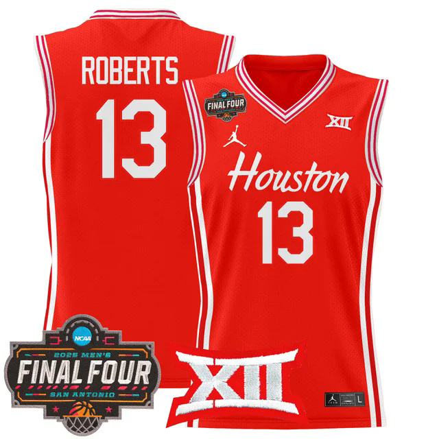 Men's Houston Cougars 2025 Final Four Patch Basketball Jersey RED #13 J'WAN ROBERTS.webp
