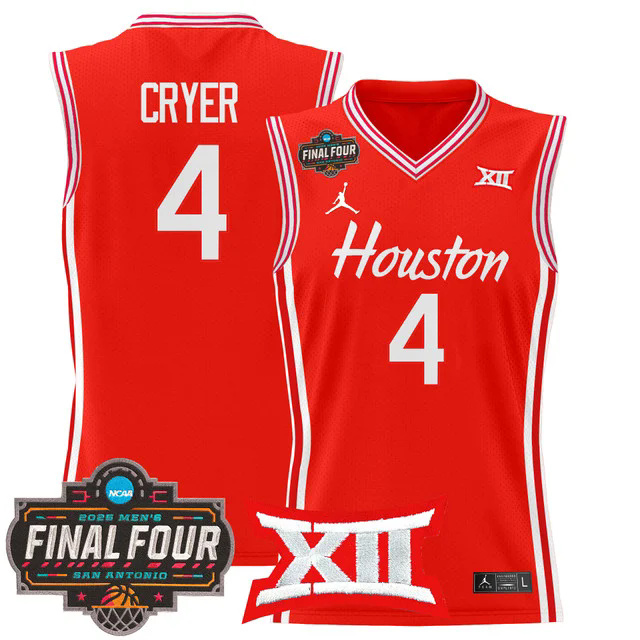 Men's Houston Cougars 2025 Final Four Patch Basketball Jersey RED #4 L.J. CRYER.webp