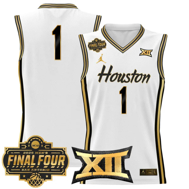 Men's Houston Cougars 2025 Final Four Patch Basketball Jersey WHITEGOLD #1.webp