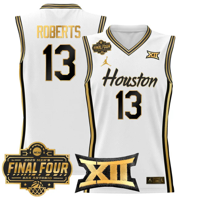 Men's Houston Cougars 2025 Final Four Patch Basketball Jersey WHITEGOLD #13 J'WAN ROBERTS.webp