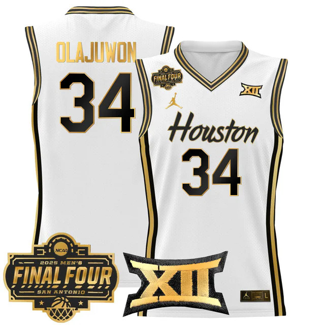 Men's Houston Cougars 2025 Final Four Patch Basketball Jersey WHITEGOLD #34 HAKEEM OLAJUWON.webp