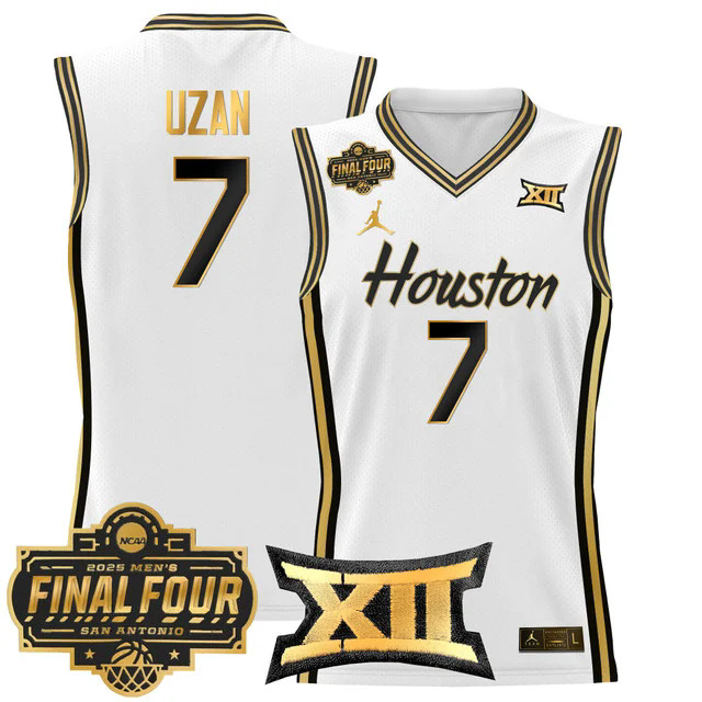 Men's Houston Cougars 2025 Final Four Patch Basketball Jersey WHITEGOLD #7 MILOS UZAN.webp